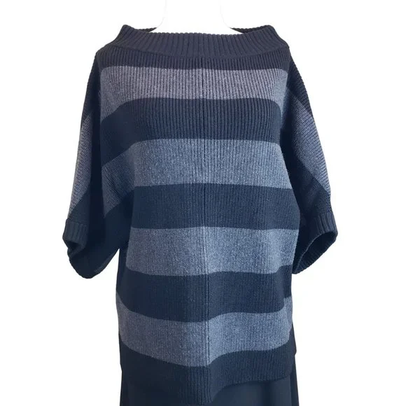 Tory Burch Heavy Warm 100% Wool Oversize Sweater Black Gray Wide Stripe M